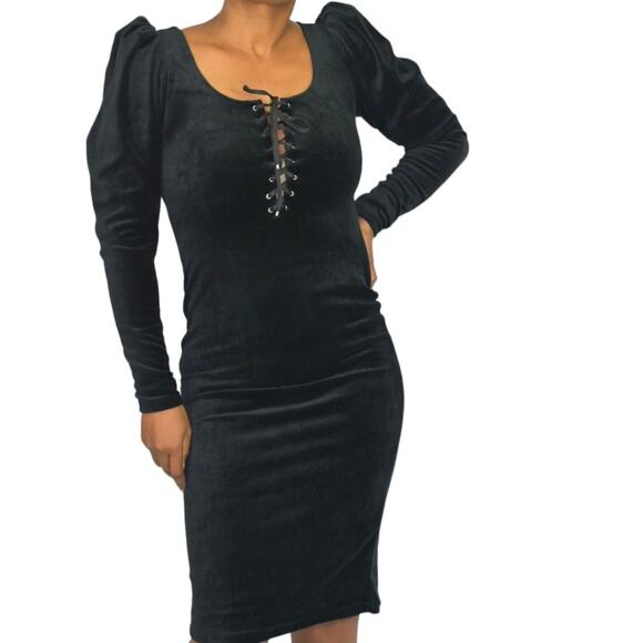 La Femme en Noir Gothic Tales Dress Black Wiggle Velour Bodycon Puff Sleeve XS - Picture 1 of 14